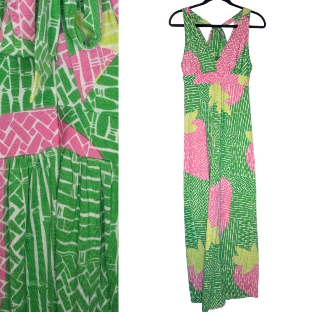 Lily Pulitzer Pink Green Print Silk Cotton Blend Maxi Halter Dress, Size XS